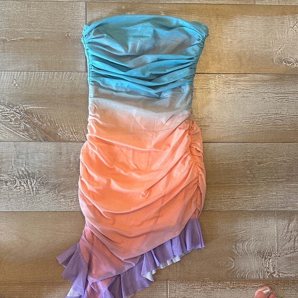 Asymmetrical Strapless Dress in Blue, Orange, and Purple